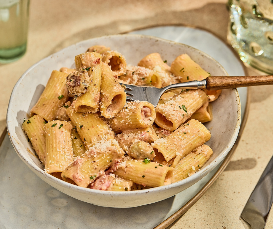 A detailed view of al dente rigatoni pasta coated in a rich creamy parmesan sauce with Italian sausage.