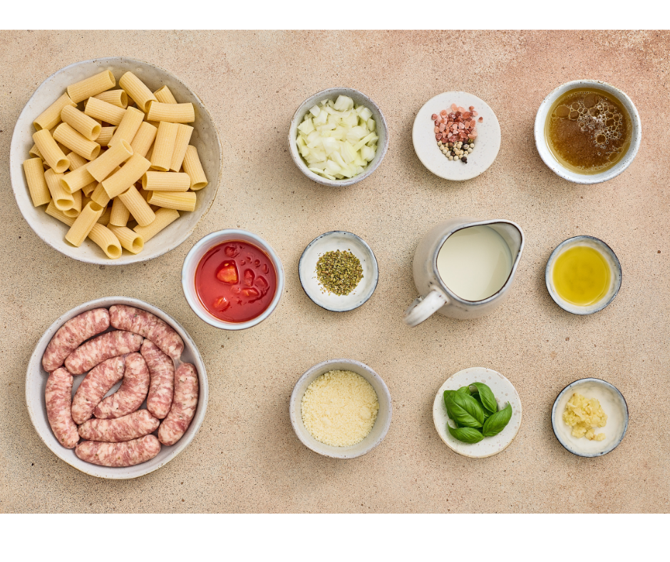A flat-lay showing ingredients for a rigatoni recipe including Italian sausage, heavy cream, parmesan cheese, chicken broth, and rigatoni pasta.
