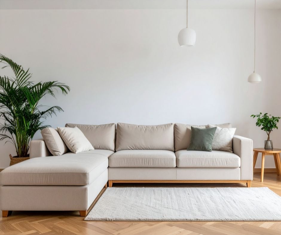 A modern, minimalist living room featuring a light beige sectional sofa, a white area rug on herringbone wood floors, a large potted palm tree, and two white pendant lights hanging from the ceiling.
