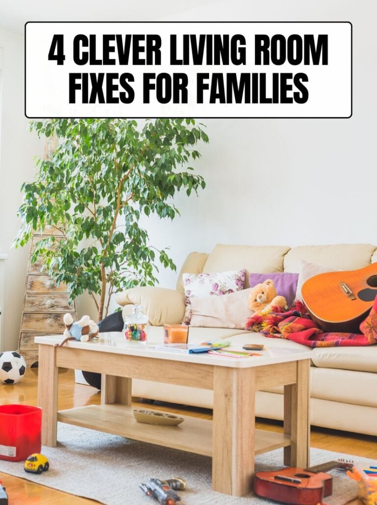 A cluttered family living room filled with children's toys, a soccer ball, and an acoustic guitar scattered across a beige couch and coffee table, featuring a text overlay that reads 4 Clever Living Room Fixes for Families.