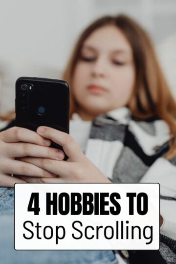 A blurred background of a young woman looking down at a black smartphone, with a white text box overlay reading '4 Hobbies To Stop Scrolling'.