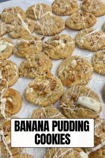 interest graphic featuring a sheet of cookies with a text overlay reading BANANA PUDDING COOKIES.