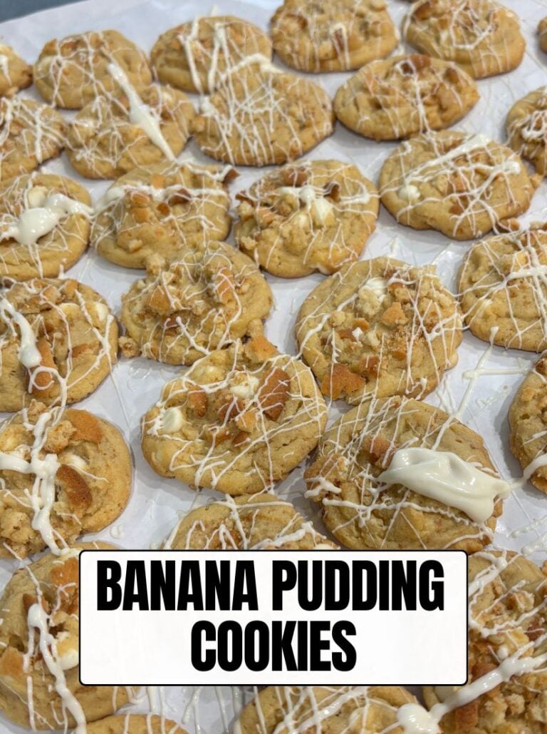 interest graphic featuring a sheet of cookies with a text overlay reading BANANA PUDDING COOKIES.