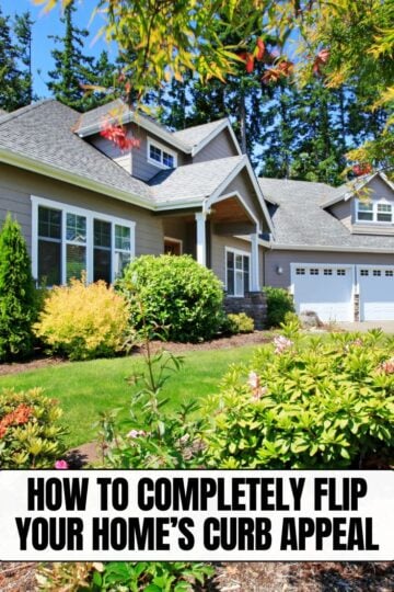 A beautiful two-story suburban home with brown siding, white trim, a clean gray roof, vibrant green landscaping, and white garage doors. Overlay text reads "How to Completely Flip Your Home's Curb Appeal.