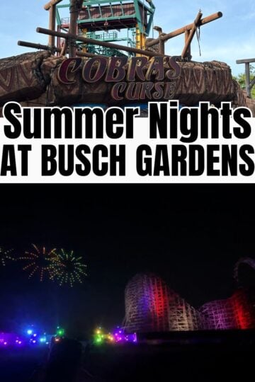 A vertical graphic with the text "Summer Nights at Busch Gardens" featuring the Cobra's Curse entrance and a fireworks drone show over a roller coaster.