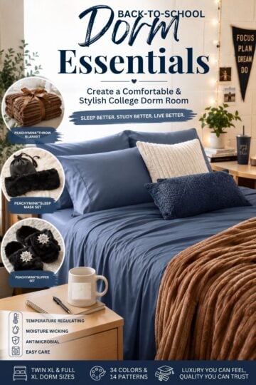 College dorm room with Twin XL bedding, cozy throw blanket, and back-to-school dorm essentials for move-in day.