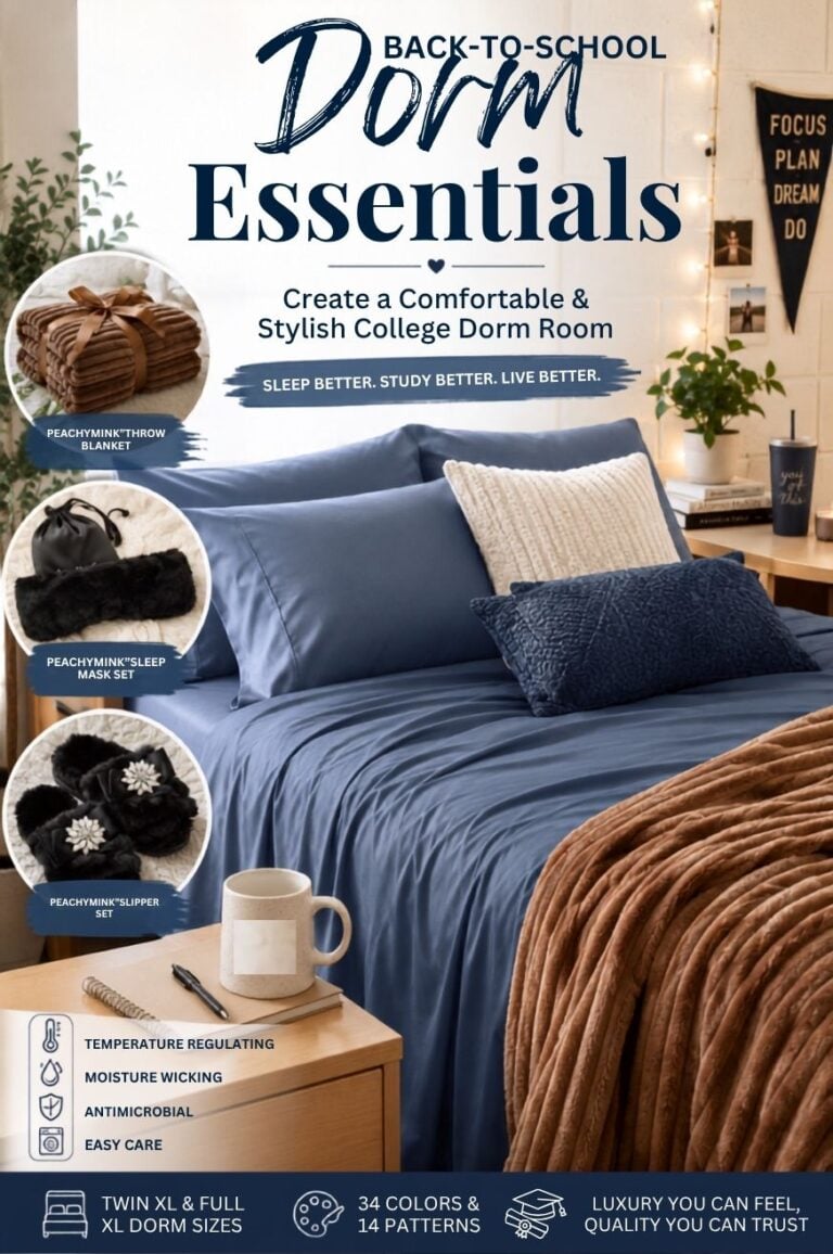 College dorm room with Twin XL bedding, cozy throw blanket, and back-to-school dorm essentials for move-in day.