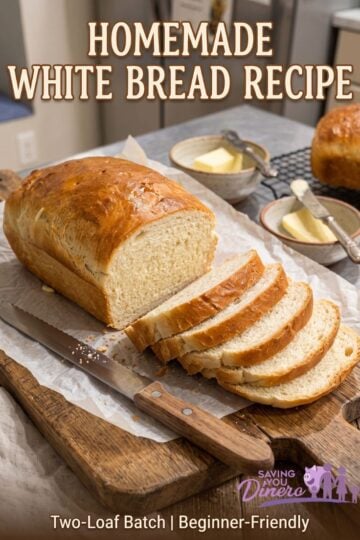 Homemade White Bread Recipe - Sliced and whole golden-brown loaves on wooden board with butter and a knife.