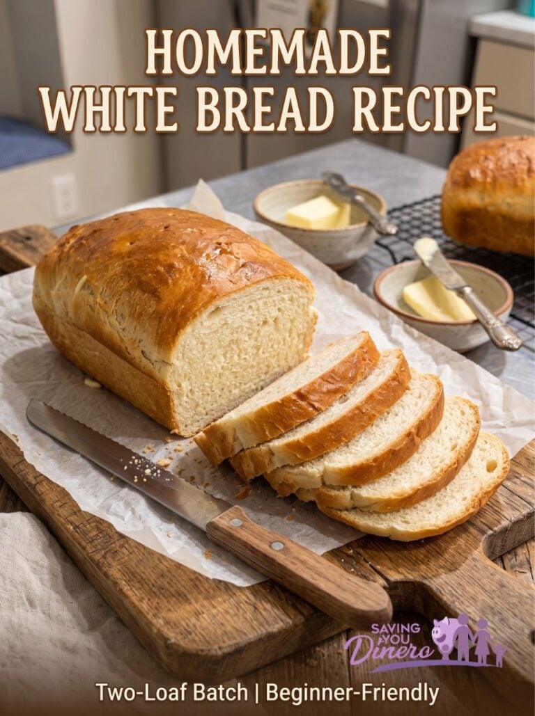 Homemade White Bread Recipe - Sliced and whole golden-brown loaves on wooden board with butter and a knife.