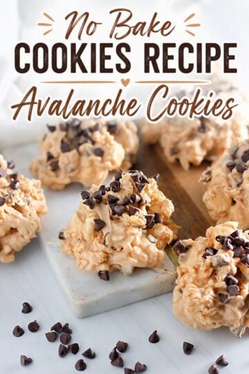 No bake Avalanche Cookies made with peanut butter, Rice Krispies, marshmallows, white chocolate, and mini chocolate chips.