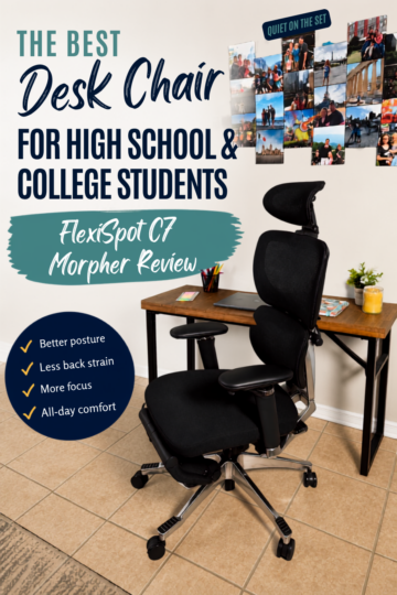 Black ergonomic desk chair with lumbar support and footrest in a home study space, highlighting the benefits of a supportive chair for students.