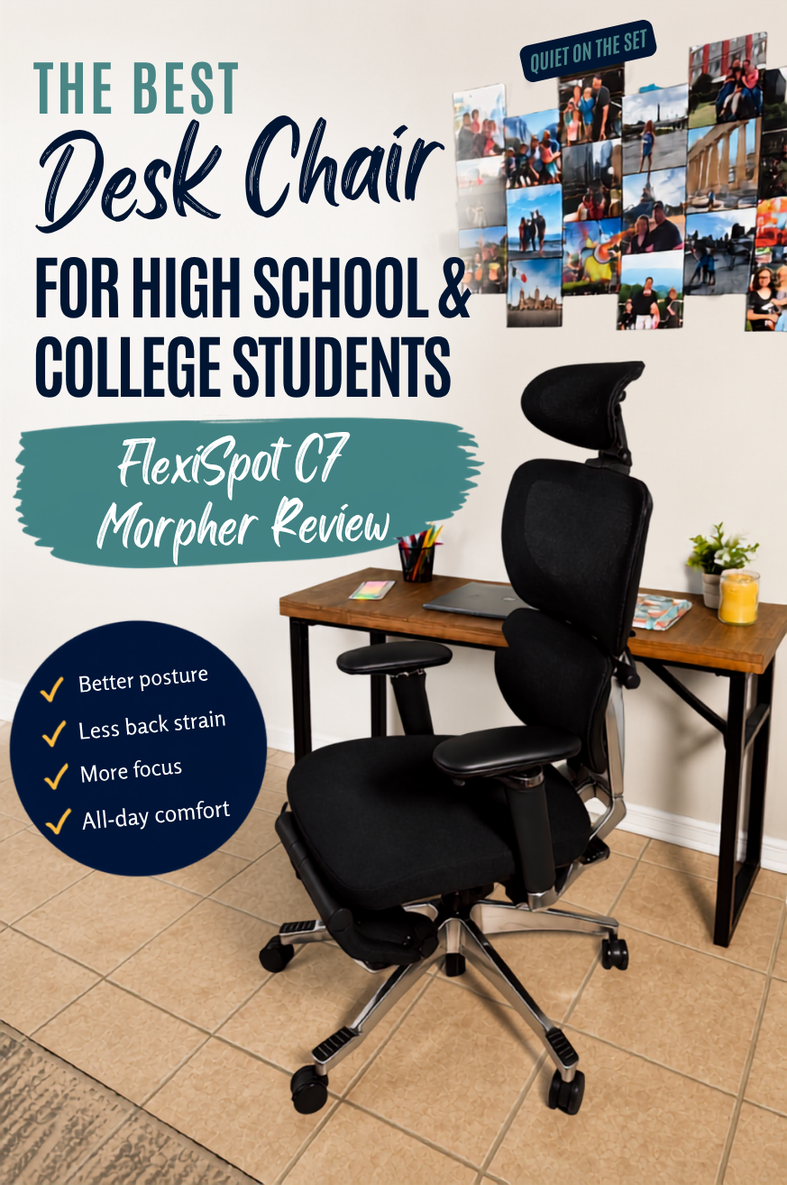 Black ergonomic desk chair with lumbar support and footrest in a home study space, highlighting the benefits of a supportive chair for students.
